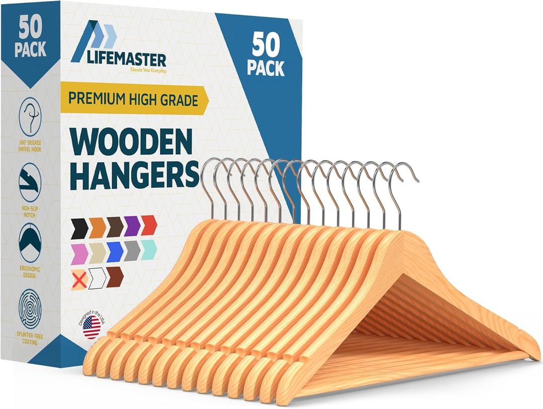 Lifemaster Wooden Hanger Set - 60 Pieces Non-Slip Versatile Closet Space-Saving Hanger Set for Suit, Coat, Camisole, Jacket, Pants, and Dresses with Rotating Swivel Hook - Natural Wood