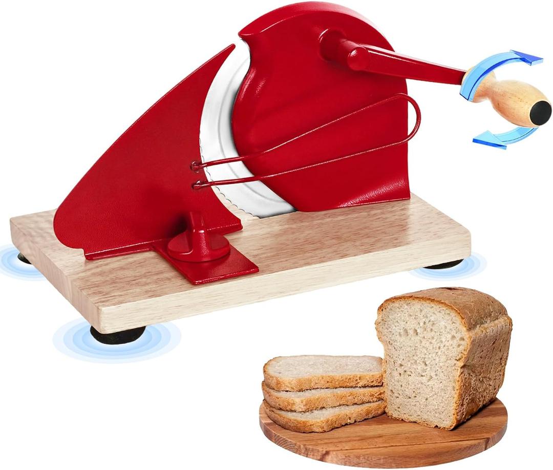 Manual Bread Slicer for Homemade Sourdough Bread, Adjustable Thickness Hand Crank Bread Slicer with Stainless Steel Blade and Suction Cup, for Even Slicing, Kitchen & Bakery Use, Red