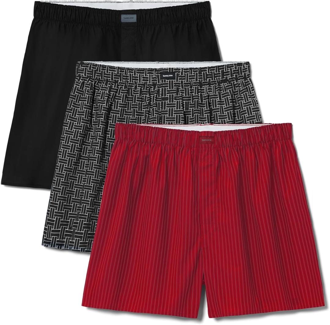 Tommy John Men's Woven Boxer Short Underwear (Classic Stripe Red/Interlaced Geo Turbulence/Black)
