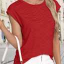 LA BAISEO Womens Casual Cap Short Sleeve Striped Tops Summer Open Back T-Shirts Crew Neck Basic Shirts (Red, XXL)