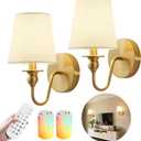 Battery Operated Wall Sconces set of Two,Wireless Wall Sconces with 10000mAh Dimmable Bulb and Remote,LED 15 Colors Rechargeable Gold Wall Sconce with Fabric for Bedroom Living Room Hallway Wall Decor