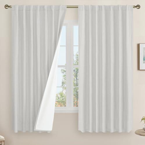 LAMIT 100% Blackout Linen Curtains 63 Inches Long, Linen Textured Living Room Farmhouse Curtains Full Room Darkening Back Tab and Rod Pocket Panels with White Liner, 2 Panels, Light Grey, 60 x 63 Inch