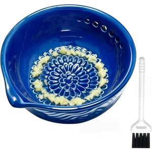 3-in-1 Ceramic Grater Bowl with Herb Stripper, Kitchen Tool for Garlic, Ginger & Vegetables, Easy to Clean Stripping Bowl for Kale, Rosemary, Thyme, and Basil, Dishwasher Safe (Blue)