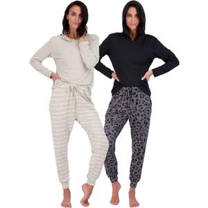 Real Essentials 2 Pack: Women's Soft Long Sleeve Sleep Set - Comfortable Lounge Pull Over Hoodie and Henley Jogger (Large)