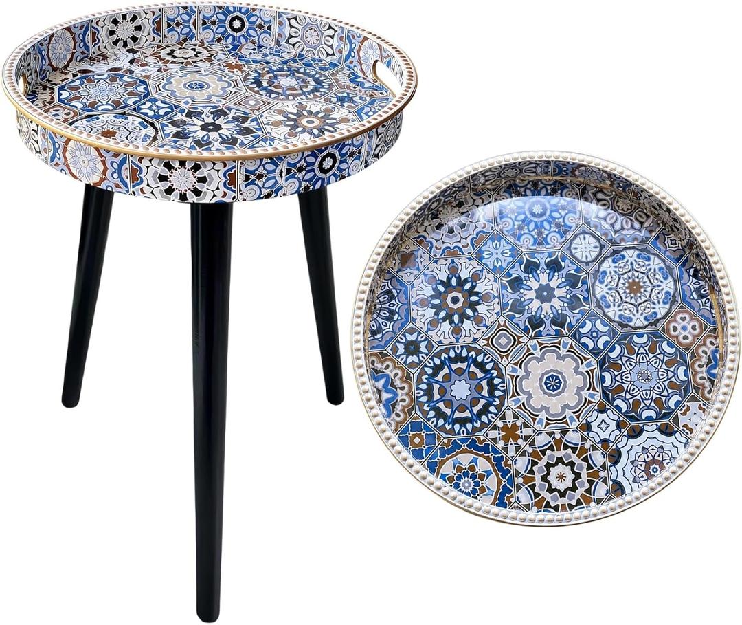 Round Indoor Side Tables with Detachable Wooden 3 Legs, Versatile Tray Table, Perfect for Round Coffee Table Tea, and Relaxation Time 17.7 Inch (33 Bohemian)