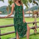 Women's Summer Midi Dress 2025 Sleeveless Floral Print Split Casual Bodycon Long Beach Sundress Travel Vacation Outfits (Green, L)