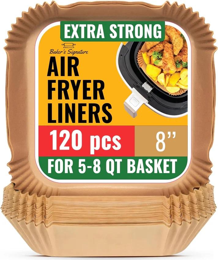 120 pcs Air Fryer Liners, Disposable Air fryer Paper Liners Non-Stick and Oil Proof for Easy Cleanup, Great for Oven, Pans & Baking 8 Square for 5-8 qt Basket by Baker's Signature
