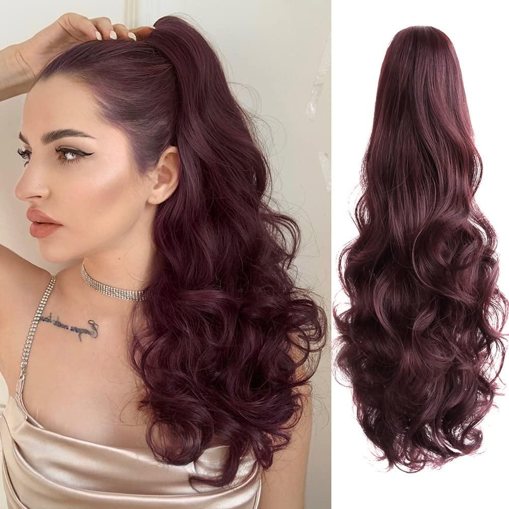 Hair Extensions Ponytail Extension Claw Clip Wavy 20" Long Synthetic Pony Tail for Adults Women Curly Ponytails Fluffy Clips in Hairpieces for Wedding Party Daily Use 6 Oz Burgundy (Wine Red)