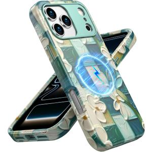 ACKETBOX for iPhone 17 Pro Max Case,Shockproof Dropproof Protective Phone Magsafe Wireless Bumper Cover,Heavy Duty Protection Hybrid Designed for Anti Drop,Anti Scratch,Green Flower