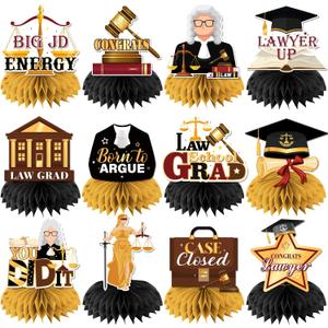 Law School Graduation Decorations 2026, 12Pcs Black Gold Honeycomb Centerpieces for Lawyer Grad Party Supplies, Law School Graduation Class of 2026