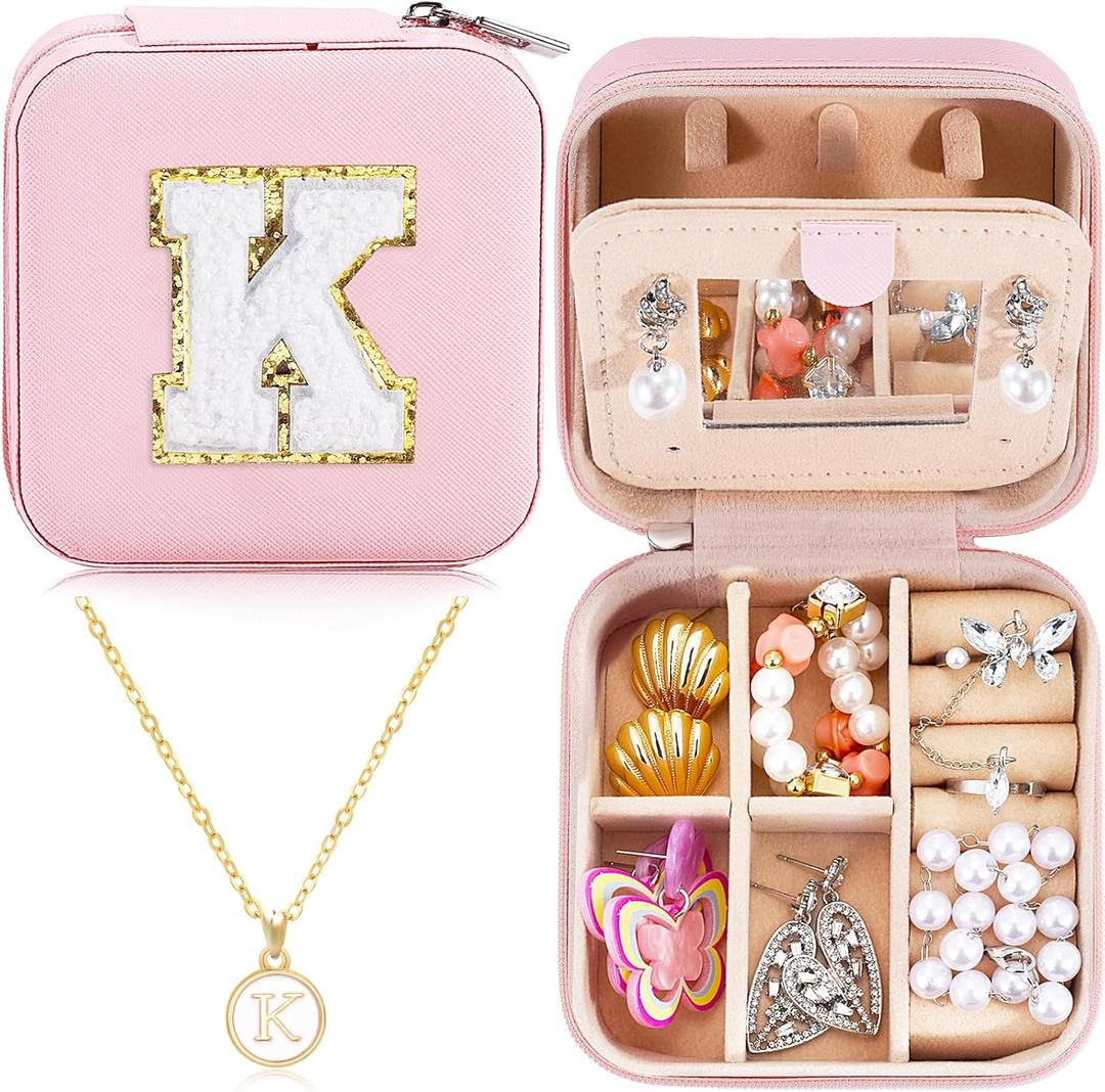 Teacher Appreciation Gift for Women 2024 Travel Jewelry Case Initial Jewelry Organizer Small Jewelry Box Personalized Back to School Gift Trendy Stuff Necklace Earrings Ring Box (Pink K)