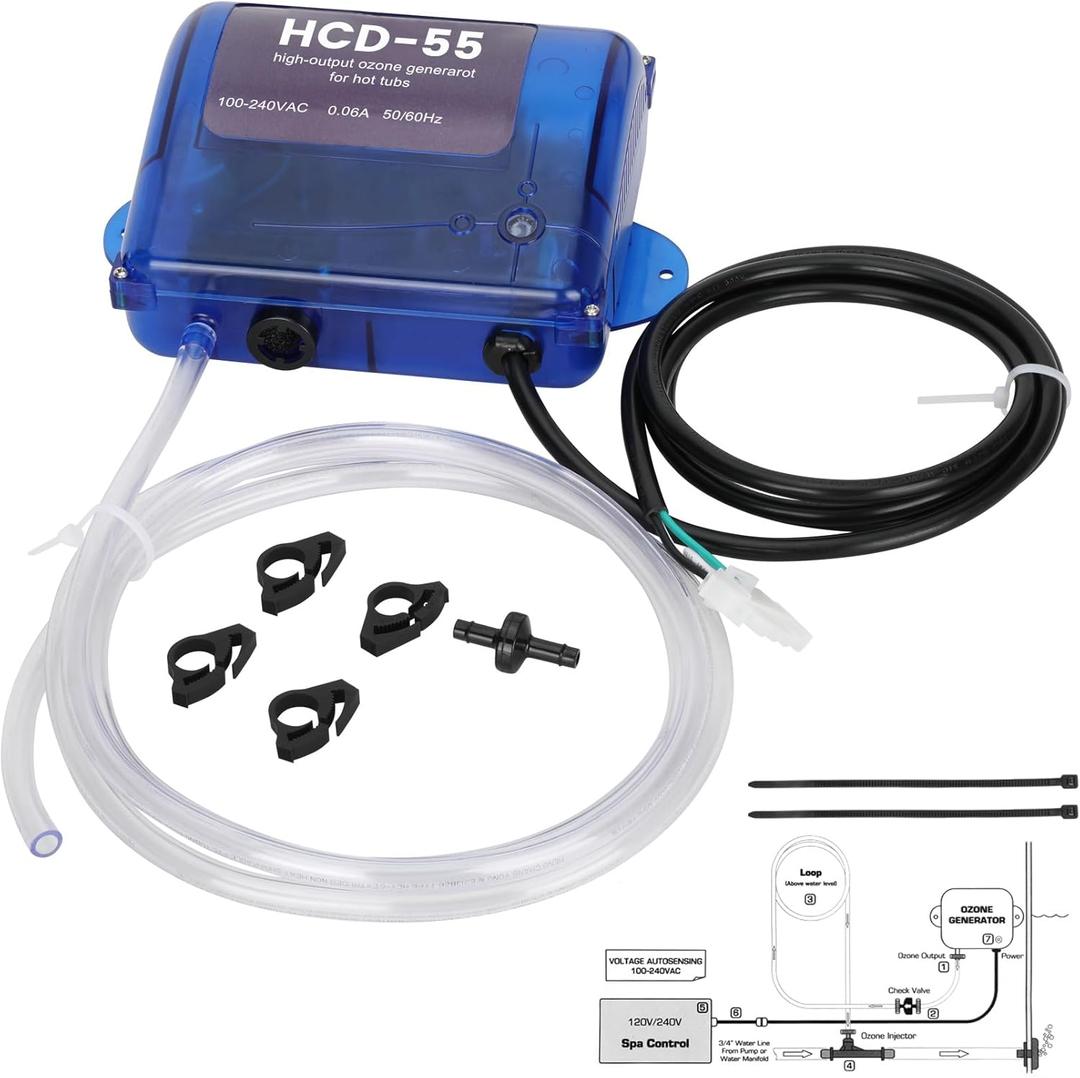 HCD-55 Spa Ozone Kit Suitable for All Hot Tubs & Swim Spas, Hi-Output Spa Ozone Generator with Capacity of Up to 1500 Gallons, Universal: 110V, AMP-4 Plug