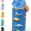 Kids Water Bottle 14oz with Silicone Straw Lid - Insulated Toddler Water Bottle Stainless Steel Keeps Cold 24H, Leak Proof & Cars Trucks Prints Design | Custom Name Tag for School, Daycare, Travel