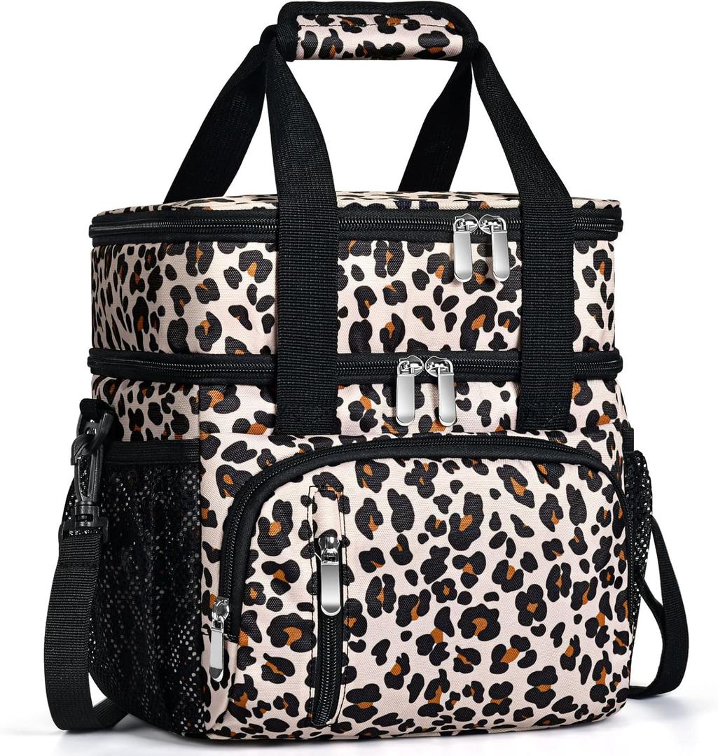Insulated Lunch Bag for Women, Double Leakproof Lunch Box Soft Cooler Tote with 5 Pockets, 600D Oxford, EVA Lining, Adjustable Strap for Work, Picnic, Beach&Travel-Leopard Print