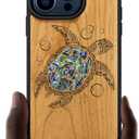 Carveit Wooden Case for iPhone 15 Pro Magnetic Case, Compatible with MagSafe Wireless Chargers, Shockproof Cover, Handmade Shell Inlaid & Wood Artisan Engraved (Sea Turtle) Cherry