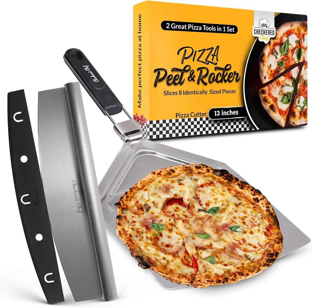 Checkered Chef 13"x15" Pizza Cutter And Pizza Peel Set - Stainless Steel Rocker Blade Pizza Cutter With Stainless Steel Pizza Peel/Paddle - 2 Great Pizza Tools In 1 Set