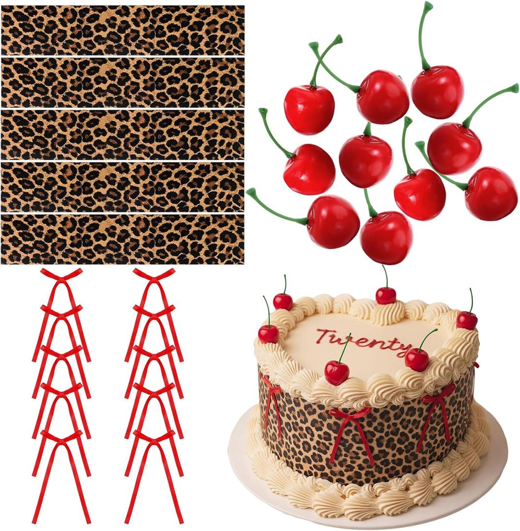 Suncalla Leopard Cherry Cake Decorations, 35 Pcs Cardboard Leopard Cake Border, Bow Toppers for Cakes and Artificial Fake Cherries Fruit Decor for Birthday Party Decorations(Red)