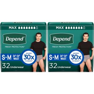 Depend Incontinence Underwear for Men, Small/Medium, 32 Count | Maximum Protection | Grey | Disposable | Pack of 2