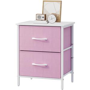 Stero Nightstand, Kids Dresser with 2 Drawers, Steel Frame Bedside Furniture, Wood Top Fabric Night Stand, Colorful End Table for Home, Bedroom, Office, Pink