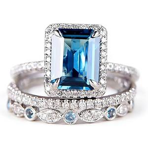 RKKOJJO 925 Sterling Silver 3 Piece Set Engagement Ring Cubic Zirconia Gemstone Rings Blue Diamond Statement Eternity Band Wedding Rings for Women Size 6, CS589969-101-6 (US Code 6)