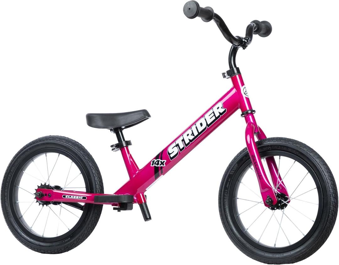 Strider 14x,- Balance Bike for Kids 3 to 6 Years - Includes Kid-Size Grips, Padded Seat, Performance Footrest & All-Purpose Tires - Easy Assembly & Adjustments (Funky Fuchsia)