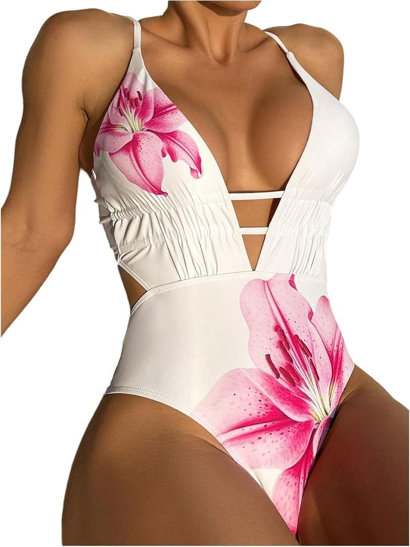 SweatyRocks Women's Floral Deep V Neck Criss Cross One Piece Swimsuit Swimwear Bathing Suit (Medium, White)