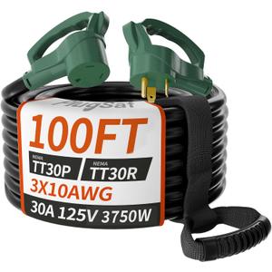 PlugSaf 100 FT 30 Amp RV Extension Cord Outdoor with Grip Handle, Flexible Heavy Duty 10/3 Gauge STW RV Power Cord Waterproof with Cable Organizer, NEMA TT-30P to TT-30R, Black-Green, ETL Listed