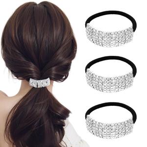 3Pcs Fashion Elastic Scrunchies Rhinestone Hair Ties Ponytail Holder Headband Hair Accessories for Women Girls Hair Bands (3 Count (Pack of 1), silver)