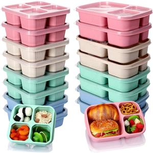 Yaomiao 16 Pack 3 and 4 Compartment Bento Lunch Box Wheat Straw Divided Snack Containers Food Storage Plastic Reusable Meal Prep Container with Transparent Lids for Adults Work Travel, Blue Pink