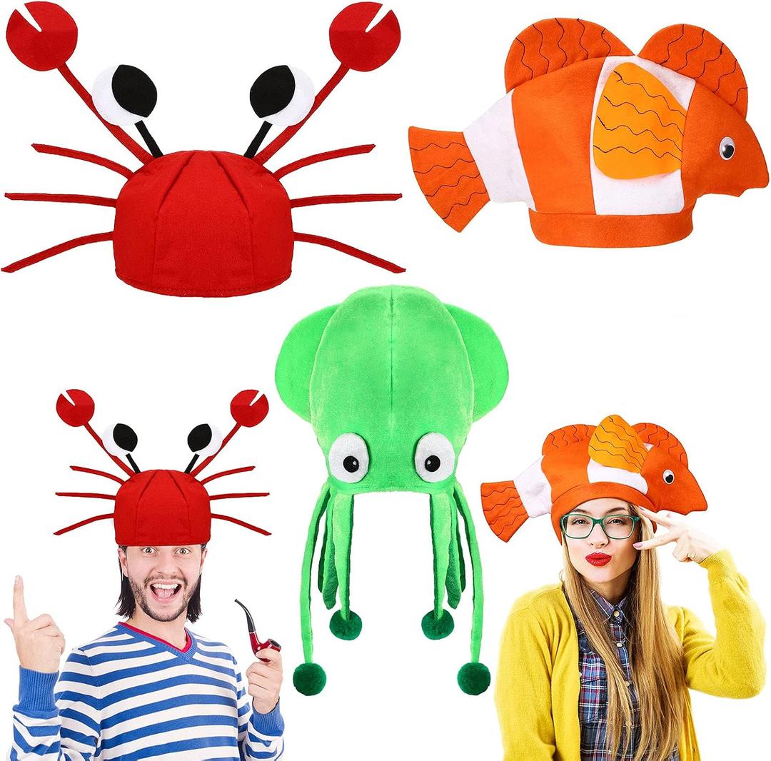 Kasyat 3 Pcs Squid Octopus Clown Fish Crab Silly Hats for Adults Ocean Sea Animal Funny Party Costume Animal Cap Crazy and Creative Hat for Halloween Christmas Masquerade Cosplay Prop, Medium