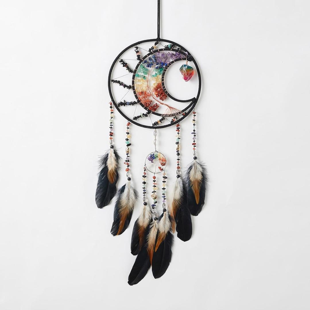 Dream Catchers Tree of Life Dream Catcher Black Feather Dreamcatcher Wall Decor with Healing Crystal Stone & Fluorite Wall Art Hanging for Bedroom Home Decor Bless Gift Wedding Garden