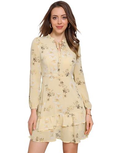 Allegra K Women's Spring Dresses 2026 Tie V Neck Semi Sheer Long Sleeve Layered Tiered Chiffon Mini Floral Dress Small Apricot S