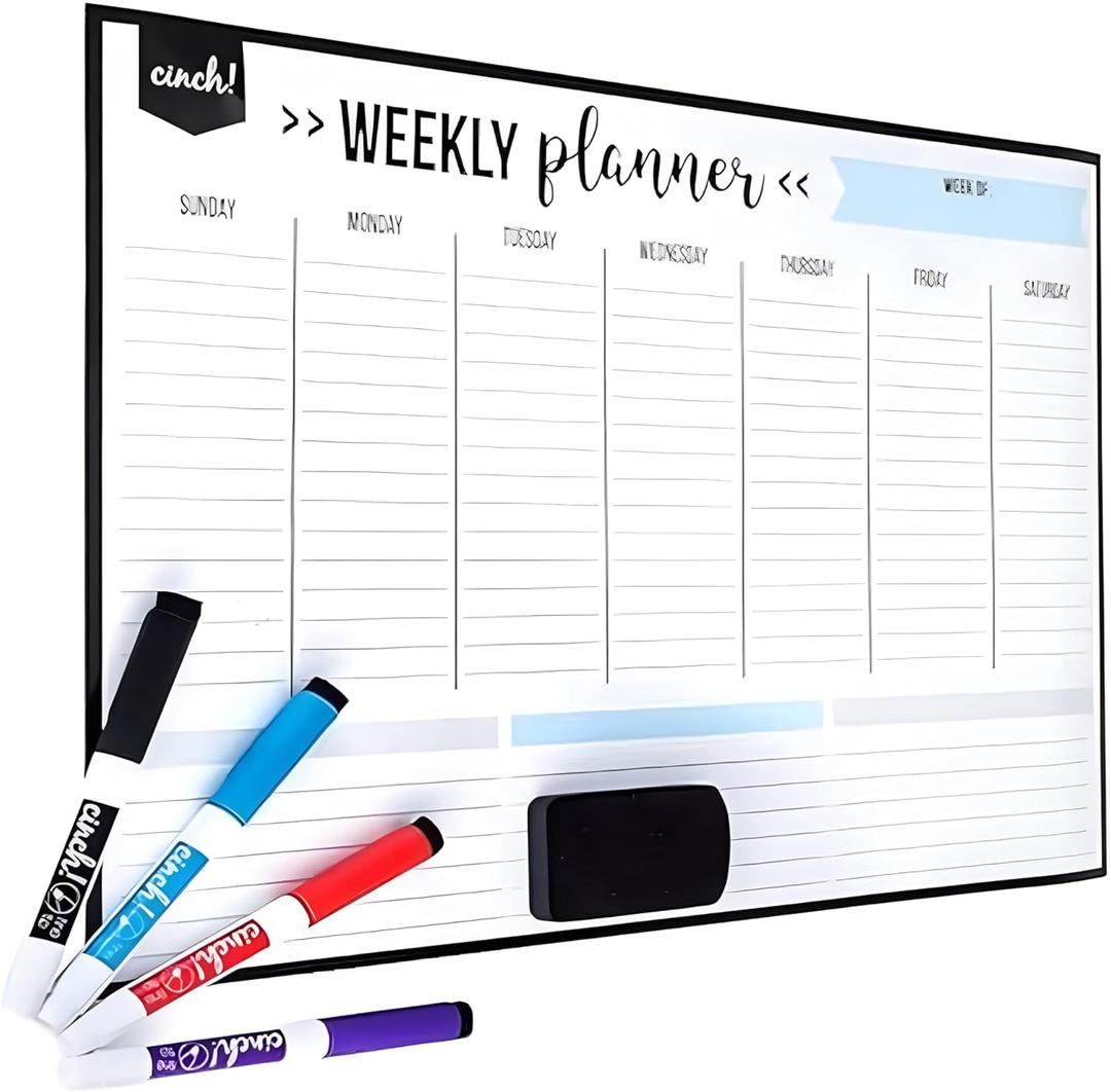 Cinch! 19x13-Inch Magnetic Whiteboard for Fridge - Weekly Calendar and Meal Planner - Stain Resistant Dry Erase Board with 4 Fine Tip Markers and Eraser - Magnetic Weekly Planner for Easy Scheduling