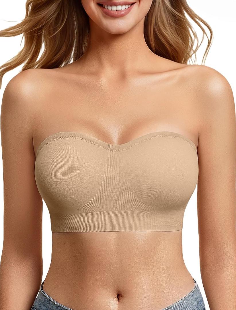 Strapless Bras for Women Non-Slip Bandeau Bra Push Up Invisible Bralettes Seamless Wireless No Underwire Padded Tube Top Bra L