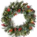 National Tree Company 24 in Pre-Lit Wintry Pine Flocked Artificial Christmas Wreath, Christmas Decoration with Pinecones, Red Berries, 50 Clear LED Lights, 113 Tips, Timer, Green
