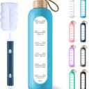 PROBTTL Borosilicate Glass Water Bottle with Time Marker Reminder Quotes, 1 Liter Leak Proof Reusable BPA Free Motivational Water Bottles with Silicone Sleeve and Bamboo Lid (32 Ounces, Sky Blue)