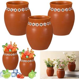 3 Pcs 16oz Cantaritos De Barro Mexicanos Terracotta Vases Sets Mexican Ceramic Vases with Flower Print Clay Margarita Glasses for Mexican Wedding Table Decorations Fiesta Centerpieces