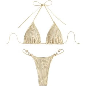 Verdusa Women's 2 Piece Bikini Set Swimsuits Swimwear Halter Triangle Top and Thong Bathing Suit (Beige)