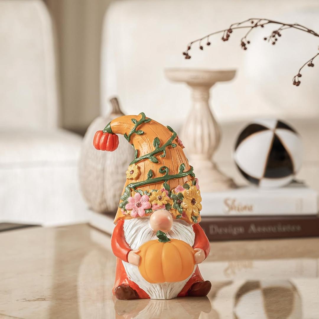 RM ROOMERS Fall Decor Gnome Figurine Decorations with LED Pumpkins, Orange Gnome for Autumn Table Decor, Small Gnome Statue for Table Centerpiece Tiered Tray Thanksgiving Decoration
