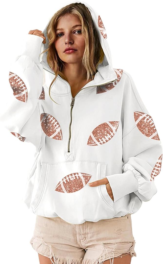 SeekMe Womens Game Day Sweatshirts Football Sequin Hoodies Tailgate Outfits Long Sleeve Zipper Sweaters with Pocket (Small, White)