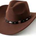 Lanzom Women Men Classic Felt Wide Brim Western Cowboy Cowgirl Hat with Belt Buckle (Small-Medium, Coffee 1)