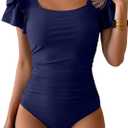 Eomenie Women's Tummy Control One Piece Swimsuit Ruffle Square Neck Bathing Suit Ruched Cutout Back Slimming Swimwear (X-Large, Navy Blue)