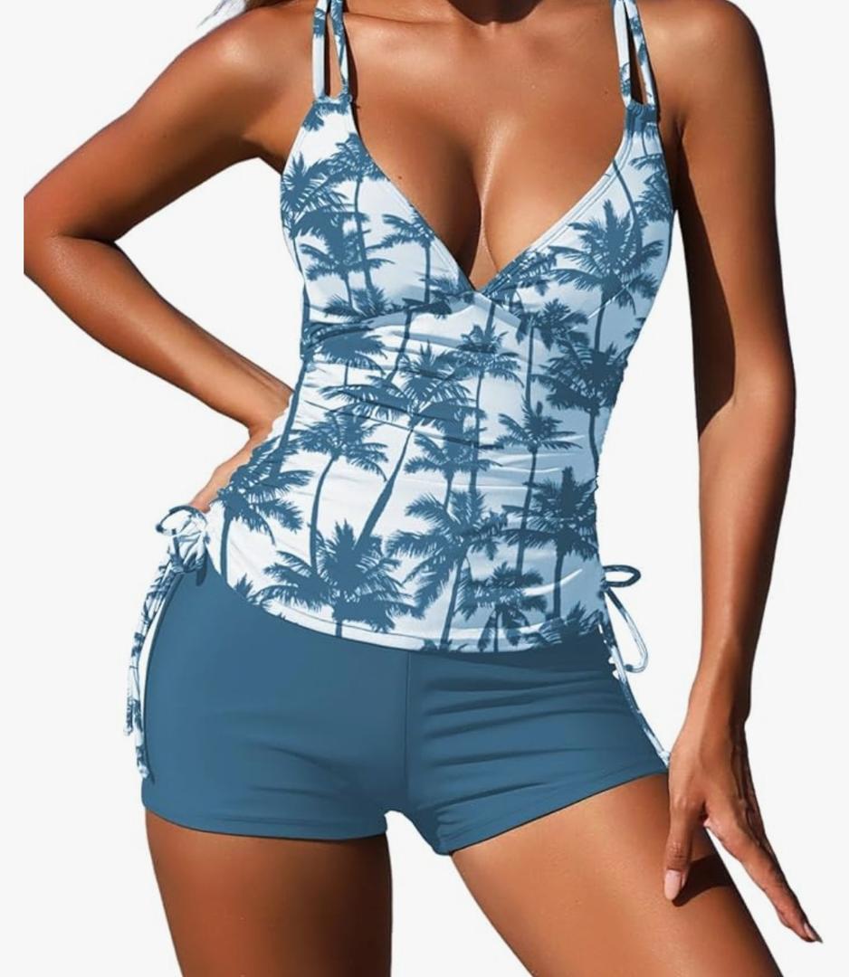 ZAFUL Women's 2025 Tankini Swimsuits Ruched Top Two Piece Tummy Control V Neck Bathing Suits with Short XXL