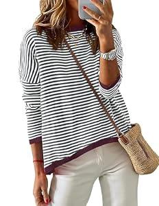 ZESICA Women's Fall Striped Sweaters Long Sleeve Crew Neck Shirts Color Block Lightweight Pullover Tops, Smoke Blue, Medium