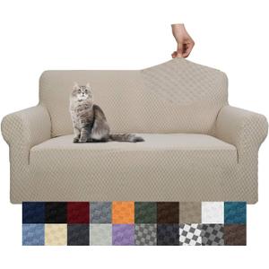 YEMYHOM Couch Cover Latest Jacquard Design High Stretch Sofa Covers for 2 Cushion Couch, Pet Dog Cat Proof Loveseat Slipcover Non Slip Magic Elastic Furniture Protector (Medium, Khaki) (Medium (55"-69"))