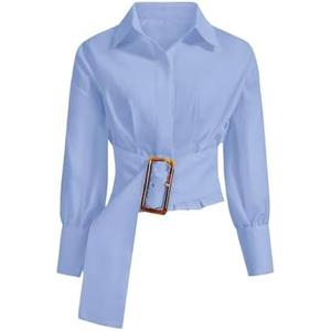 OYOANGLE Women's Button Down Pleated Shirts Stand Collar Long Sleeve Cropped Tops Dressy Casual Blouses S