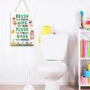 2 x Wash Brush Wipe Flush Sign Kids Bathroom Wood Plaques Wall Decor, Cute Woodland Animal Theme Front Door Wooden Hanging Sign for Boys Bathroom Toilet Washroom Wall Decor 12'' L x 8'' W