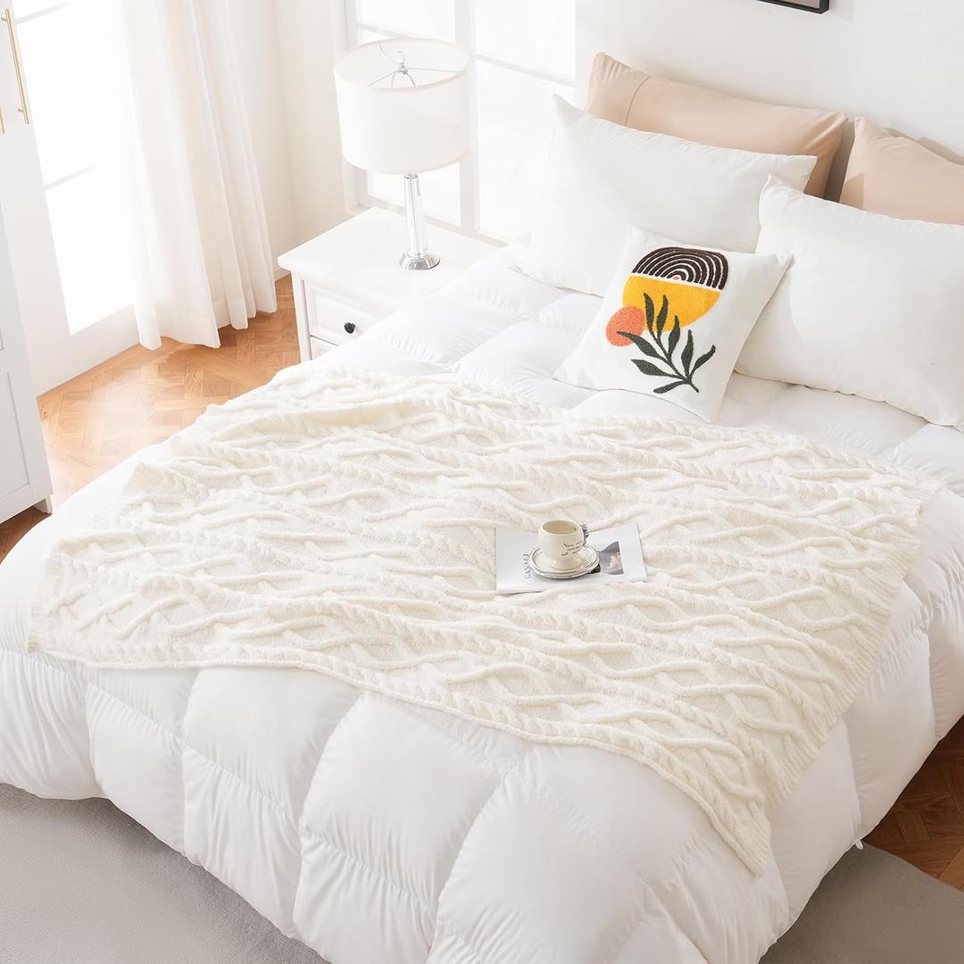 Excervent Ultra Soft Microfiber Plush Fluffy Blanket, Luxurious Fuzzy Chunky Knit Throw Blankets for Couch Sofa Bed and Chair (50x60inch) Ivory Knit