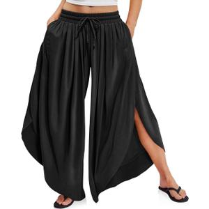 TARSE Womens Linen Wide Leg Split Skirt Pants Boho Loose Palazzo with Elastic Waist Drawstring 2025 Beach Vacation Pants (X-Large, Black)