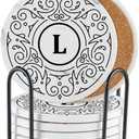 Onebttl Monogrammed Coaster Gifts Set of 6, Initial Letter, Ceramic, Absorbent with Cork Base, Home Decor for Family, Housewarming, Thanksgiving, Friends, Birthday, Christmas - L